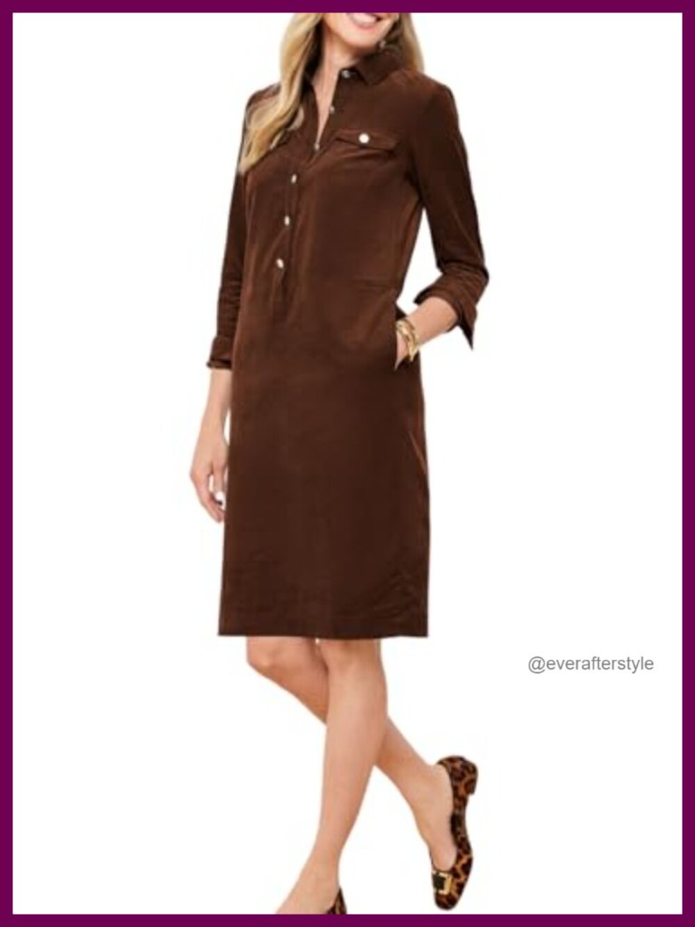 Women's Corduroy Long Sleeve V-Neck Button Down Midi Dress